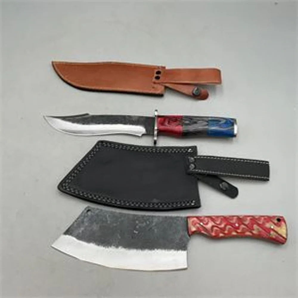 Shareez & Sons Forged Steel Bowie Knife and Meat Cleaver Set Leather Sheaths